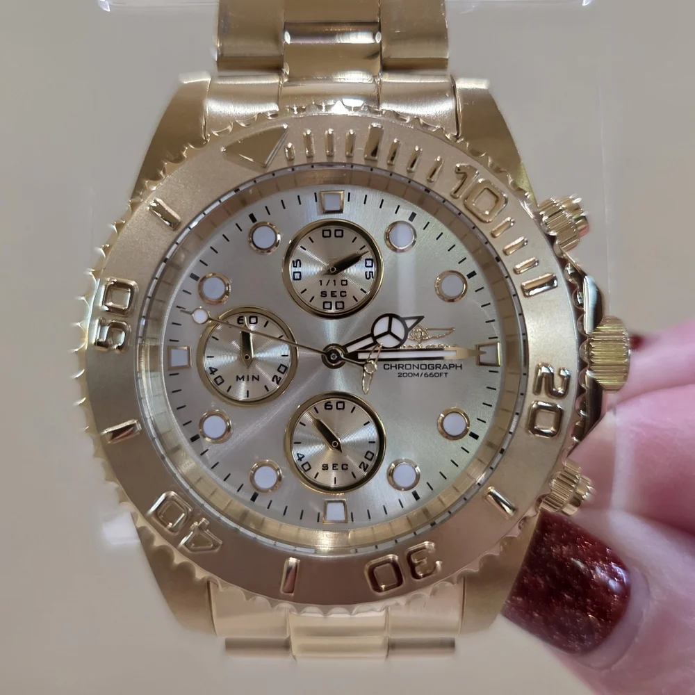 Invicta Pro Diver Chronograph Gold Men's Watch #1774 Large MSRP $695 Running
